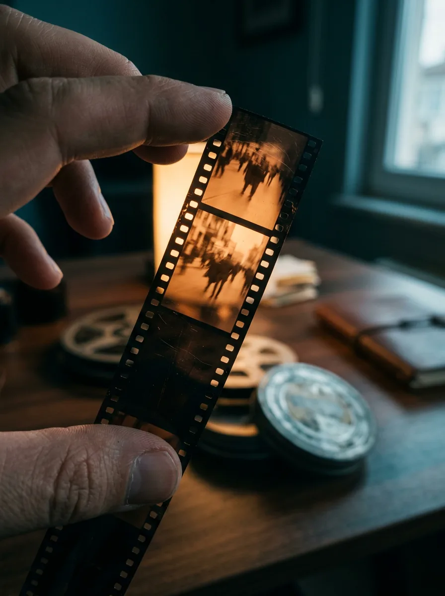 Sıcak bir lambaya karşı tutulan 35 mm film şeridinin yakından görünüşü.