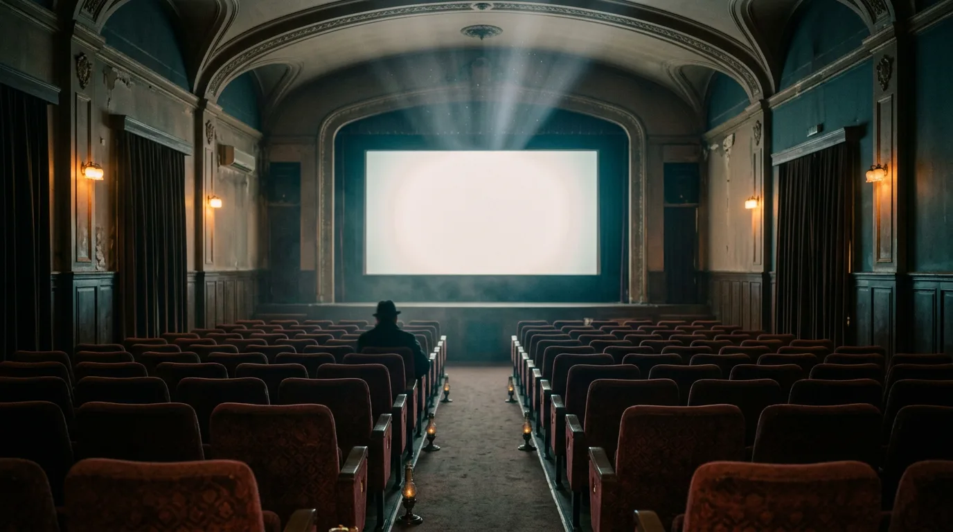 Kırmızı kadife koltuklu, ışıklı perdesi boş eski bir İstanbul sinema salonunun arka sıralardan görünüşü.