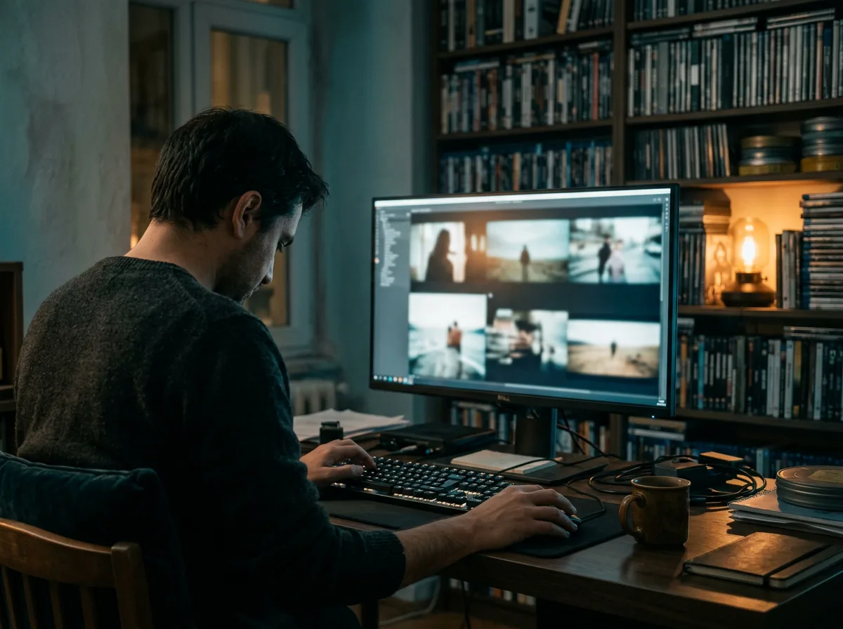 Loş bir çalışma odasında monitörde film karelerini inceleyen ve düzenleyen kişinin omuz üstünden görünüşü.
