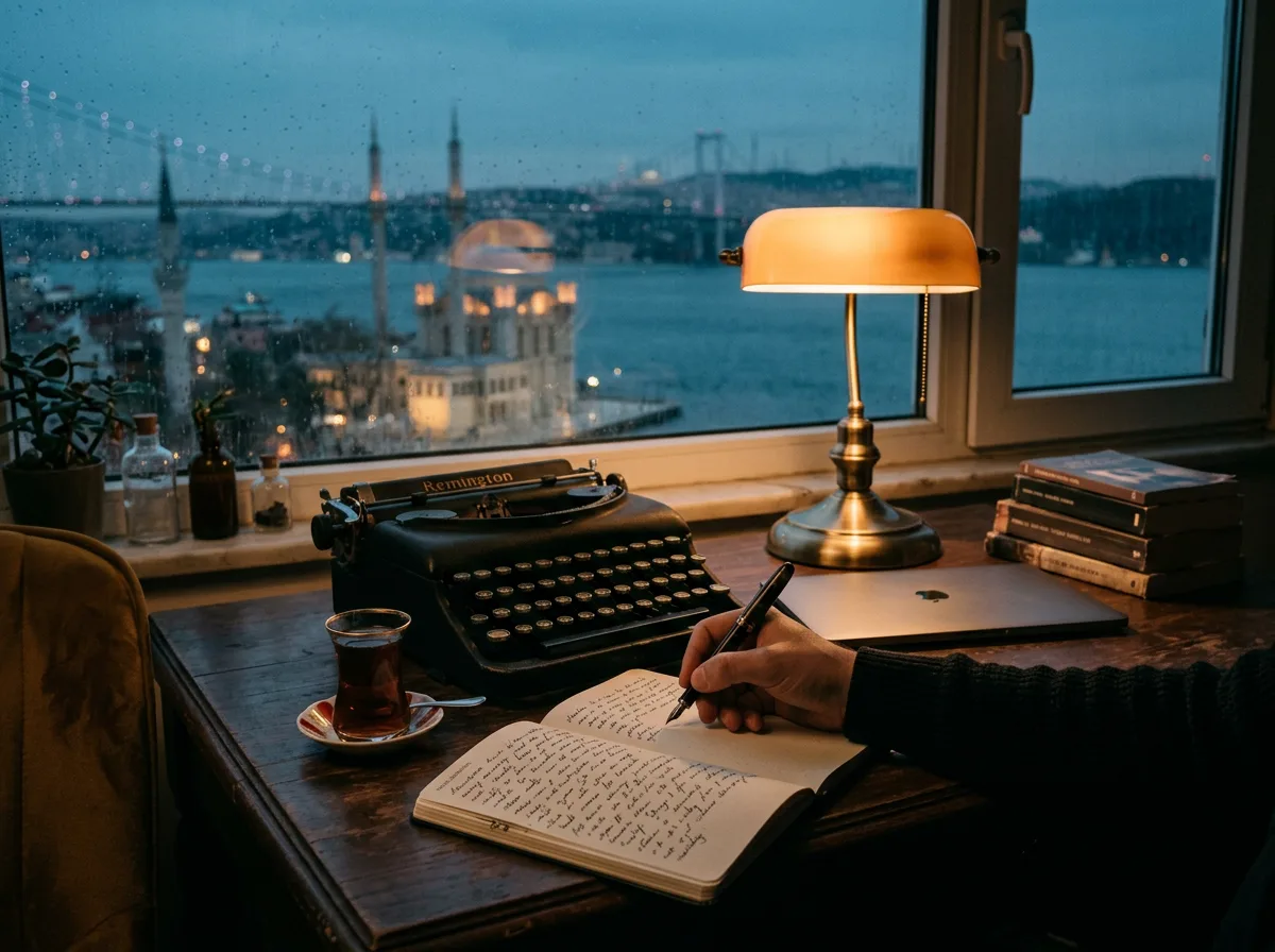 Yağmurlu bir pencere önünde, defter, daktilo ve ince belli çay bardağıyla dolu bir yazı masasında kalem tutan el.
